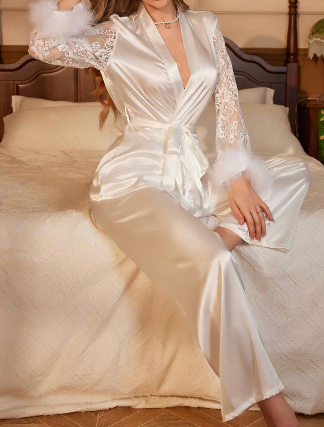 Ladies White Plush Cuff Pajama Set