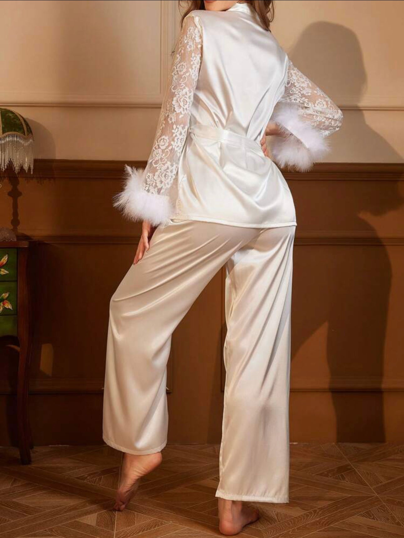 Ladies White Plush Cuff Pajama Set